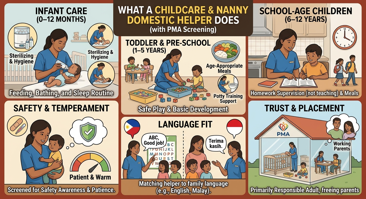 What a childcare and nanny domestic helper does — infant care, toddler care, school-age children, language fit, safety screening
